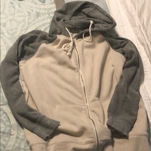 Zip up hoodie. Color block gray and cream.